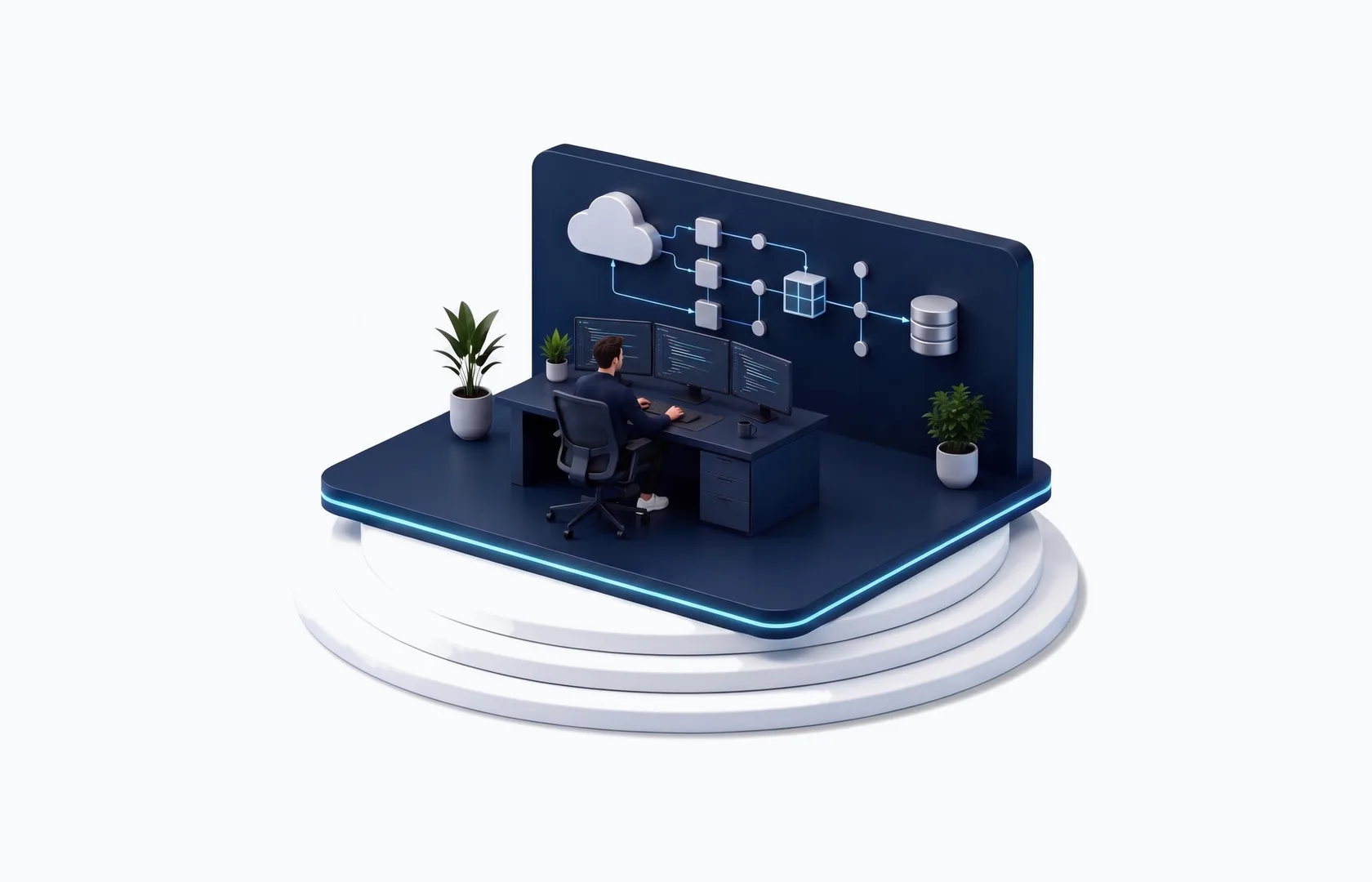 Miniatur eines Entwicklerarbeitsplatzes vor einer Wand mit einem Ablaufschema aus Cloud, Knoten und Datenbank.