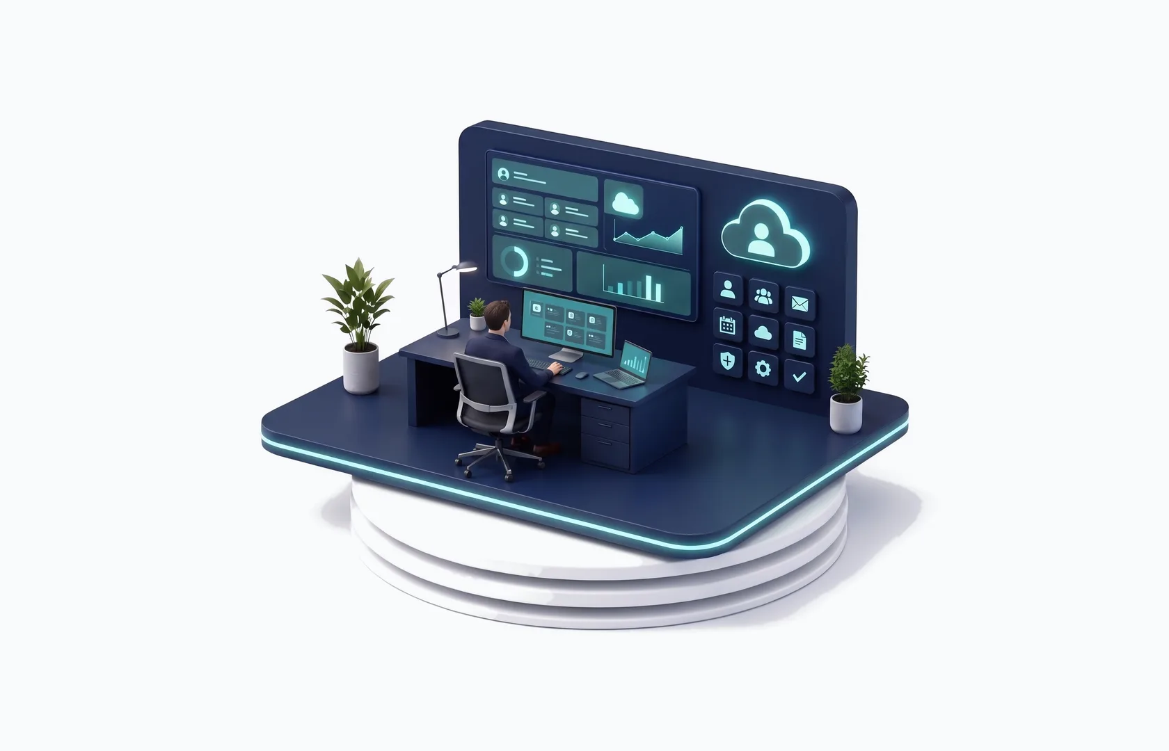Miniatur eines Arbeitsplatzes vor einer Wand mit Übersichten zu Postfächern, Kalendern, Teams und Dateien in der Cloud.