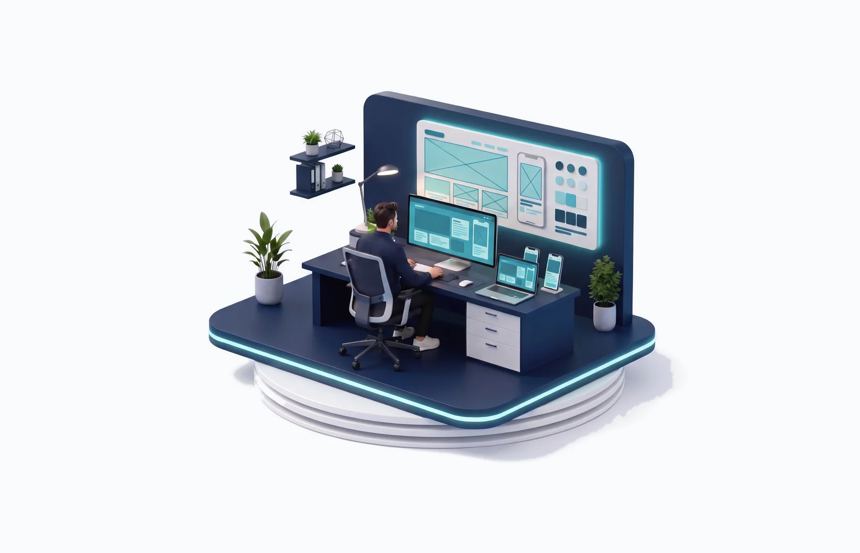 Miniatur eines Gestaltungsarbeitsplatzes: Bildschirm, Smartphone und Tablet zeigen dieselbe Website in verschiedenen Größen.